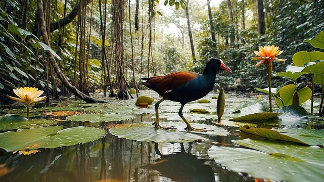 Amazonian backwater hosts jacana stepping on lily pads, low slider across water.
