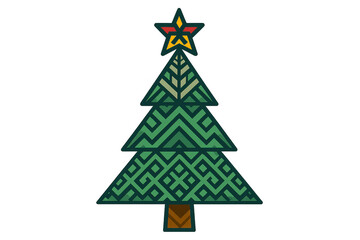 Christmas tree featuring a unique geometric pattern and yellow star topper, symbolizing winter holidays and festive celebrations
