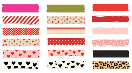 Vector Set of Washi Tape Collection. Decorative Adhesive Strips with Heart, Stripe, and Dot Patterns for Scrapbooking and Craft