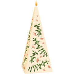 Tall conical cream colored candle decorated with green leaves and pink flowers with a lit yellow flame at the top on a transparent background