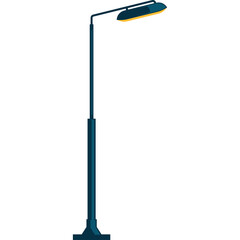 Tall dark blue street lamp with a yellow light on a transparent background