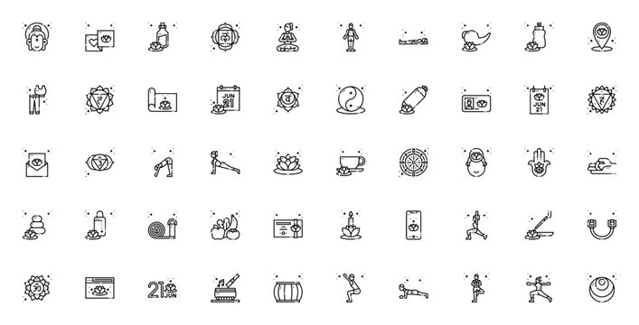 International Day of Yoga icon set. Vector illustraton pack. Features symbols or yoga pose, meditation, hakra, mindfulness, essental oil, yoga mat, lotus flwer and more.