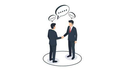 Business Agreement and Partnership. Two Businessmen Shaking Hands with Speech Bubbles Above Representing Communication and Deal Vector Isometric Illustration