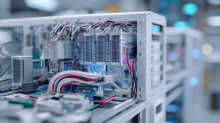 Close-up of a computer server with visible circuit boards and wiring. The scene highlights technology and data processing.
