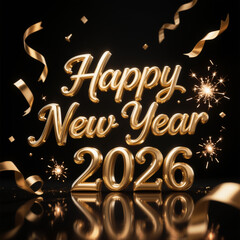 Happy New Year 3D Render Elegant golden typography  with festive confetti, sparklers, and ribbons