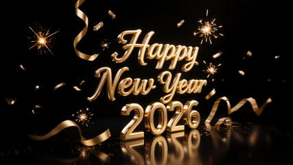 Happy New Year 3D Render Elegant golden typography  with festive confetti, sparklers, and ribbons