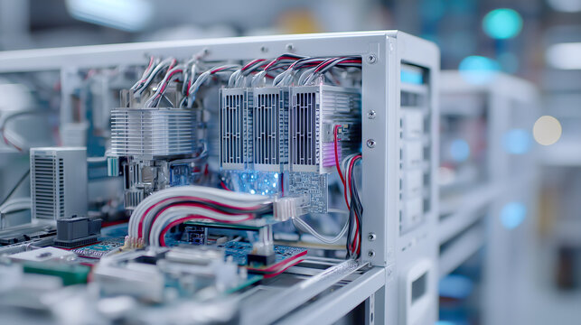 Close-up of a computer server with visible circuit boards and wiring. The scene highlights technology and data processing.