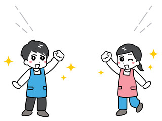 シンプルな吹き出しとエプロン姿で紹介している男女のスタッフ(全身)