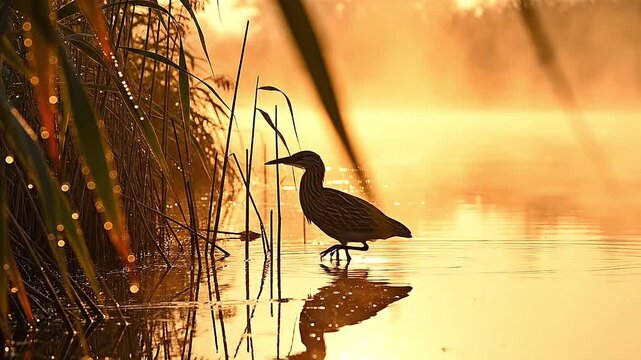 Amber-lit fog blankets river where bittern stalks, slow pan along reeds.