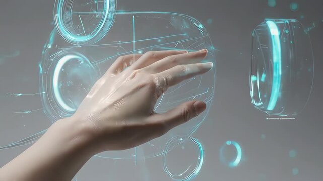 A hand interacts with a transparent interface, glowing lines and circles surround