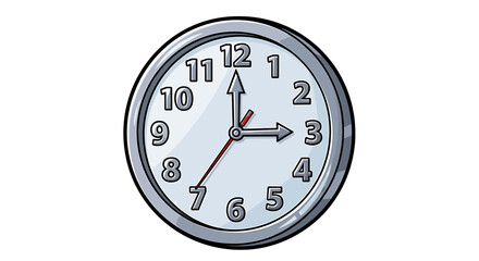 Cartoon analog clock showing the time at twelve fifteen or quarter past.