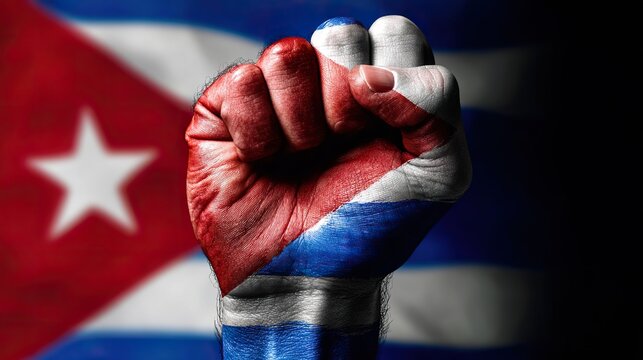 Close-up of a fist wrapped in the Cuban flag, dramatic lighting and cinematic detail, symbolizing unity, pride, strength, and cultural identity