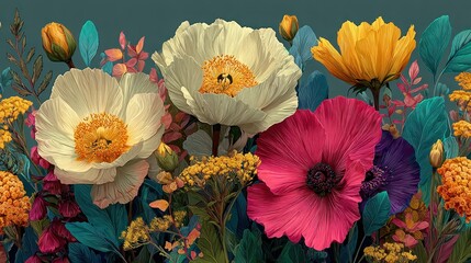 Vibrant floral arrangement showcasing white, yellow and pink flowers in full bloom