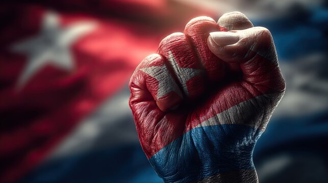 Close-up of a fist wrapped in the Cuban flag, dramatic lighting and cinematic detail, symbolizing unity, pride, strength, and cultural identity