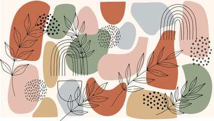 Abstract Boho Background with Organic Shapes and Botanical Line Art. Mid-Century Modern Minimalist Pattern Template Vector Illustration