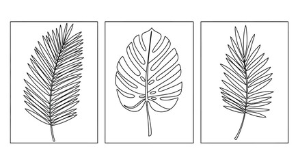 Set of Three Minimalist Botanical Posters. Continuous Line Art Drawing of Tropical Palm and Monstera Leaves Vector Wall Decor Template