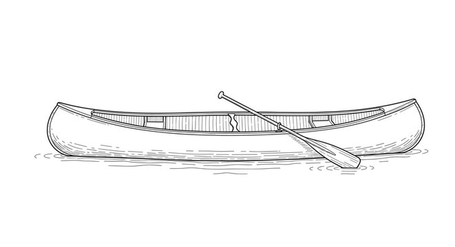 Detailed line art drawing of a vintage style canoe and paddle