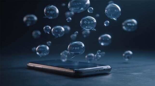 Messaging Bubbles Float Above a Smartphone on a Dark Surface Creating a Digital Communication Scene