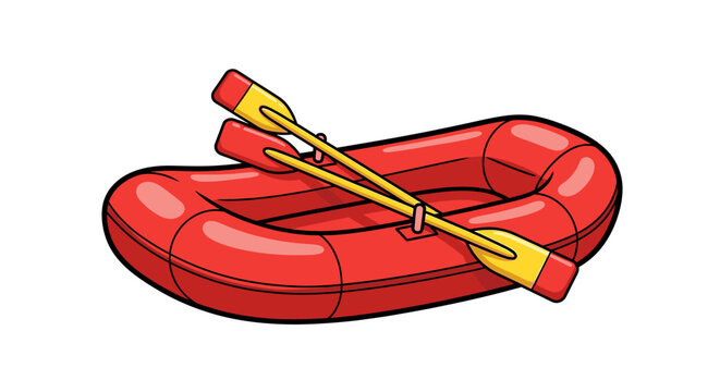Cartoon red inflatable raft with paddles isolated on white background