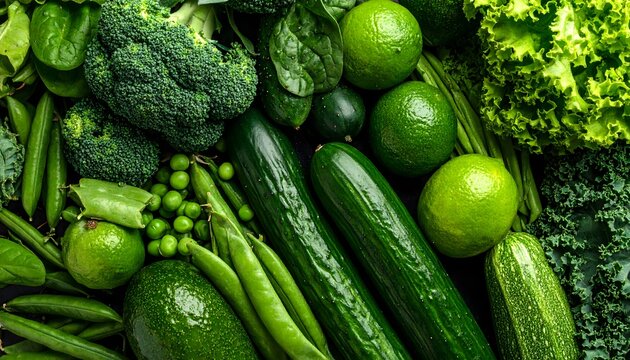 Vibrant green vegetable flat lay background. A fresh mix of broccoli, cucumber, lime, avocado, and kale. Perfect for healthy eating, vegan, diet, and nutrition concepts.