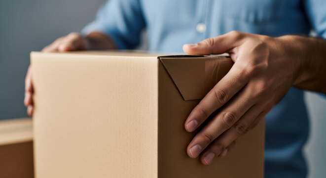 Closeup of hands holding sealed cardboard moving box in bright room, careful packing for relocation, delivery or shipment, safe and organized logistics service