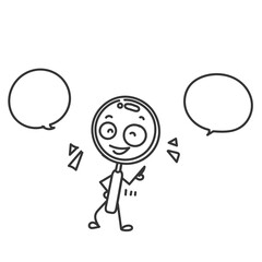 hand drawn doodle magnifying glass character with  bubble talk cartoon