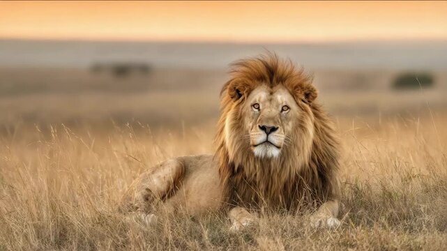 A regal male lion rests in golden grass during sunset, showcasing African wildlife.