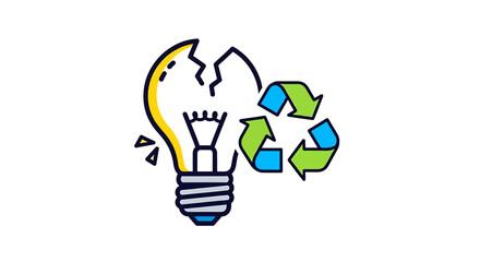 Vector Illustration depicting a fractured lightbulb paired with a recycling symbol, conveying themes of sustainable energy transition, environmental conservation, and ecological awareness