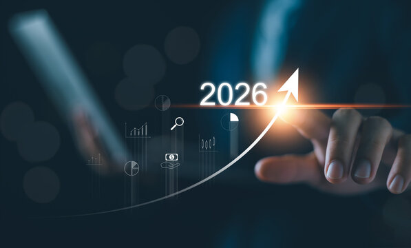 Business goals beginning 2026 new year concept, Businessman touching increase arrow investment graph future growth 2026. Financial planning target and strategy, Budgeting Plan and business challenge.