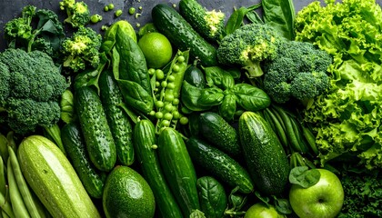Vibrant green vegetables and fruits flat lay background. Fresh organic mix of broccoli, cucumber, zucchini, apple, and peas for healthy diet, vegan nutrition, and detox concepts.