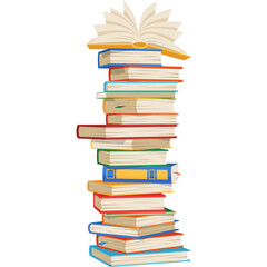 Tall Stack Of Colorful Books With Open Top Book And White Transparent Background