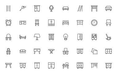 Furniture icon set. Minimal vector icons pack. Inclues symbols for sofa, bed, hair, table, closet, cabint, drawer, lamp and more. ditable stroke.