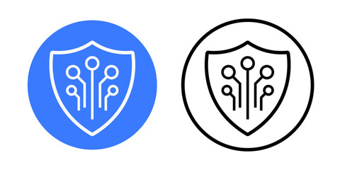 Transparent shield icon showing a protective bubble with circuitry inside. Great for illustrating data protection, ai security, and trustworthy technology defense systems.