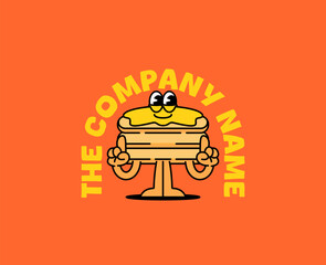Vector illustration cartoon logo of a cute waffle character with dripping syrup and company name text on orange background