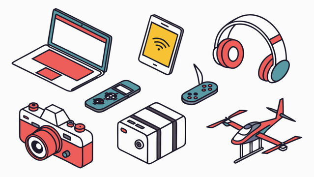 Isometric illustration of various electronic devices isolated on white