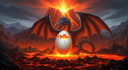 Majestic Dragon Guards Hatching Egg in Fiery Volcano Landscape