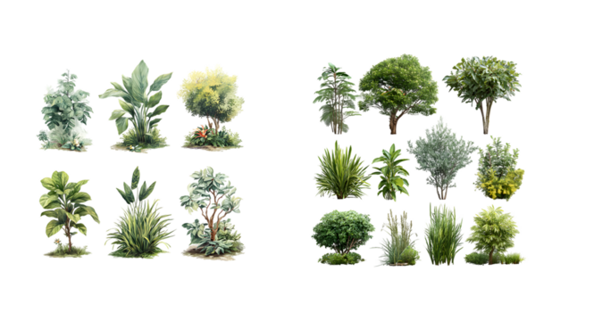 Collection of diverse green plants and trees isolated on white background.