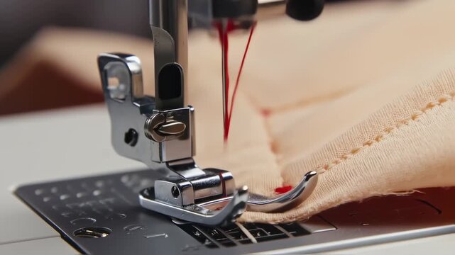 Close-up of a Sewing Machine in Action Stitching Fabric with Red Thread for Tailoring