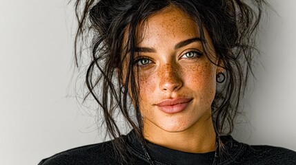 Portrait of a beautiful woman with freckles and captivating gaze facing the camera.