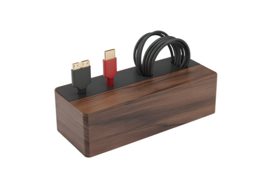 A wooden desk organizer with slots for cables and charging cords, featuring a natural wood grain finish.