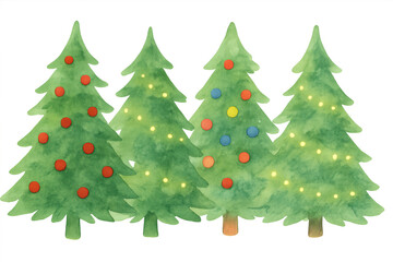 Watercolor christmas trees artwork creating festive holiday atmosphere, decorated with ornaments and glowing lights, transparent background