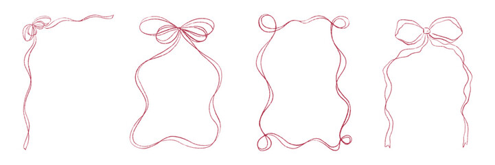Set of whimsical hand drawn ribbon frames with chalk and crayon texture. Vintage scribble line art in soft sketchy style, perfect for scrapbook design, journaling, invitations, and decorative layout.