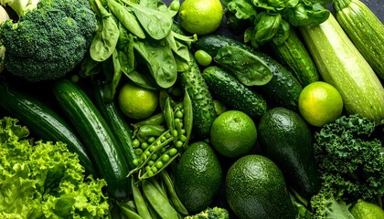 Fresh green vegetables and fruits flat lay background. Organic mix of zucchini, cucumber, avocado, and broccoli for healthy diet, vegan nutrition, and detox concepts.