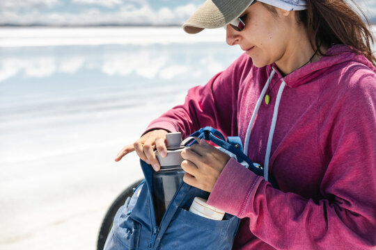 Traveler woman with backpack outdoors