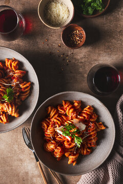 Fusilli Pasta in Red Sauce With Red Wine