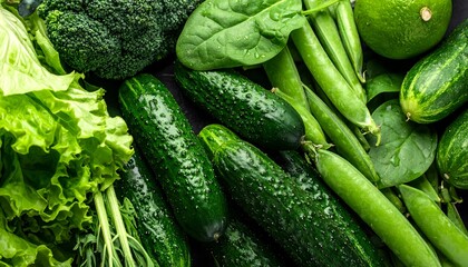 Close up of fresh green vegetables flat lay background. Vibrant mix of cucumber, lettuce, broccoli, and spinach for healthy eating, vegan, and diet concepts.