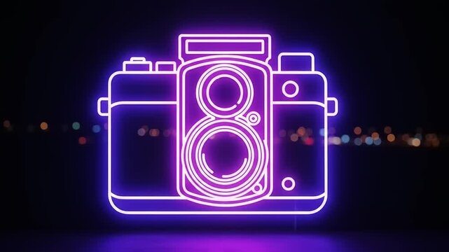 Retro Twin-Lens Reflex Camera Neon Sign Glowing in Dark Room with Bokeh Lights.