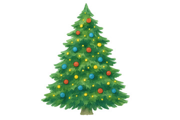 Fototapeta premium Christmas tree illustration with colorful ornaments and bright lights in watercolor style, transparent background