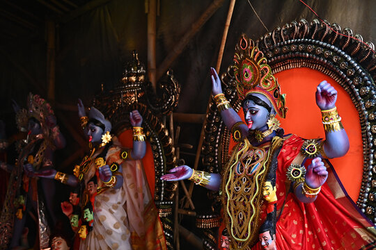 The Goddess Kali being decorated for Kali Puja