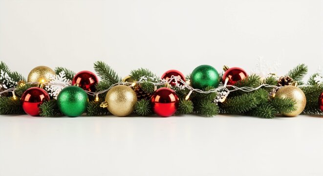 Christmas border with red, green and gold ornaments on a white background. Festive holiday garland with fir branches and fairy lights for a banner or header with copy space